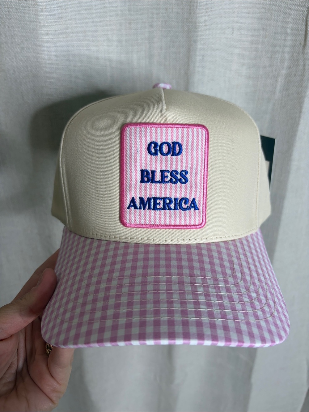 C.C Cream & Pink Gingham 'God Bless America' Patch Baseball Cap